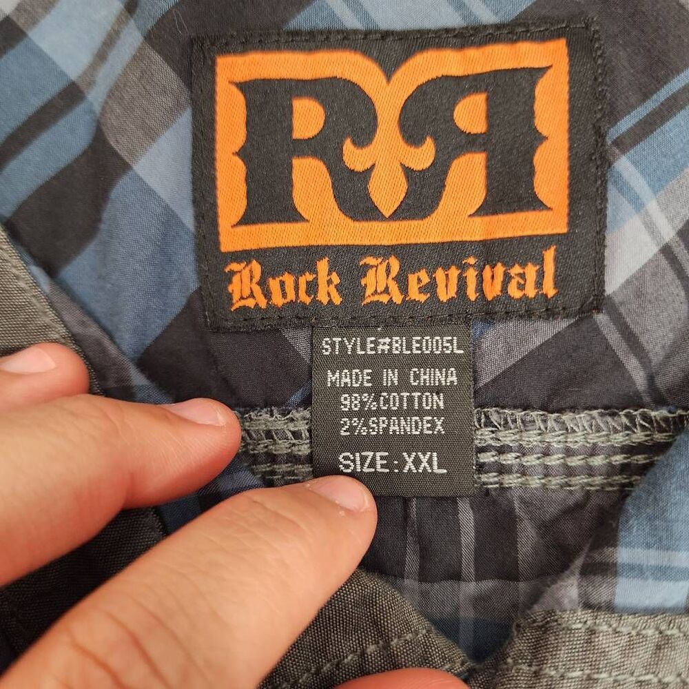 Rock Revival Plaid Button Up Shirt Men's XXL Blue Gray Embroidered Cotton - Picture 5 of 9